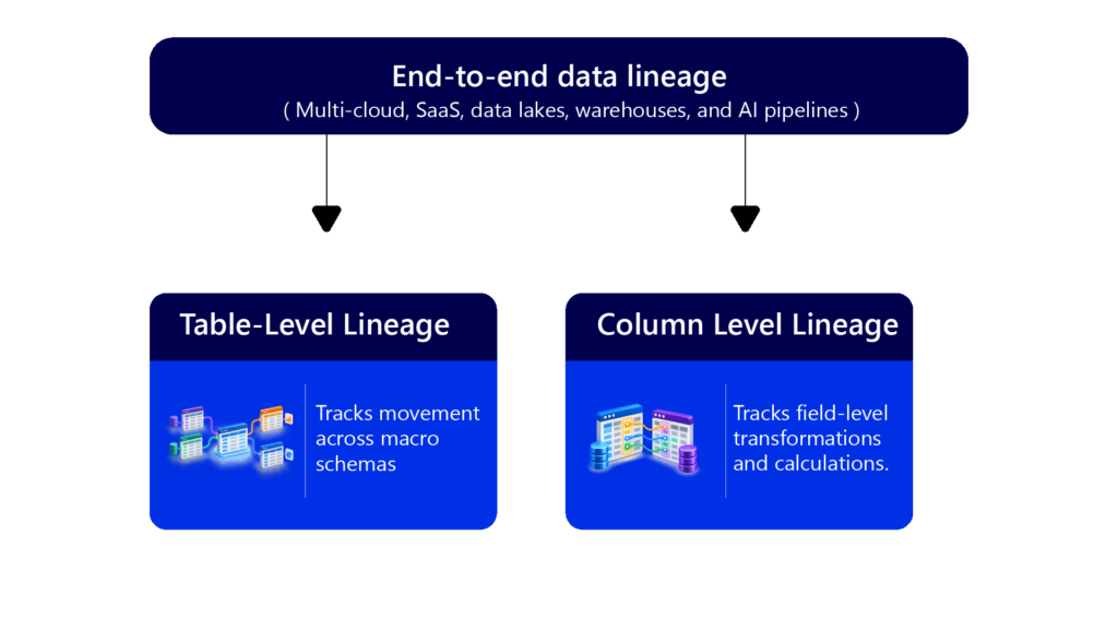 End-to-end data lineage across multi-cloud, SaaS, data lakes, warehouses, and AI pipelines, showing the difference between table-level lineage that tracks movement across schemas and column-level lineage that tracks field-level transformations and calculations.